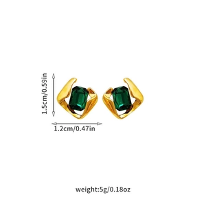 Detail of vintage green crystal stud earrings with gold frame and dimension annotations