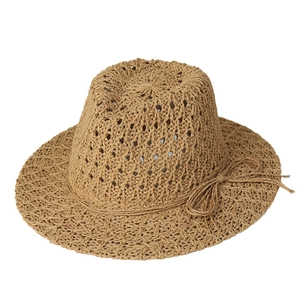 Boho brown hollow straw jazz hat with breathable crochet weave and rope bow decor