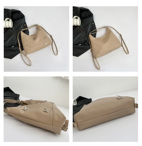 Detailed views of a beige crescent tote bag with silver butterfly charms and adjustable strap