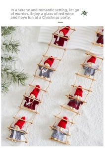 Detail of Santa Claus plush figurines on a rustic wooden rope ladder with pine needles