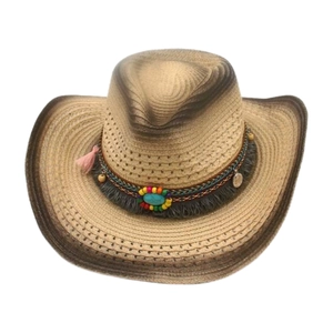Bohemian western straw cowboy hat featuring turquoise beads and colorful tassels