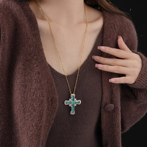 Cross Pendant Necklace Copper Green Zircon Resin Gold Plated Vintage Elegant Luxury Jewelry For Women