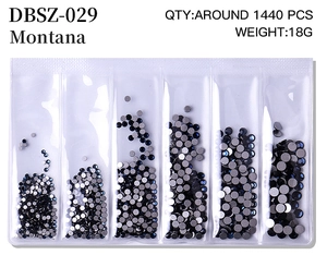 Detail of Montana dark blue flatback nail rhinestones in different sizes, model DBSZ-029
