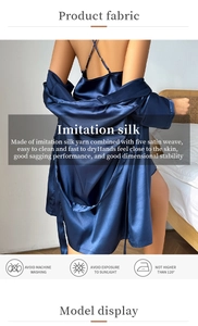 Detail showing the dark blue imitation silk fabric and elegant washing care instructions