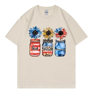 Beige oversized cotton T-shirt featuring God Blessed America floral graphic print