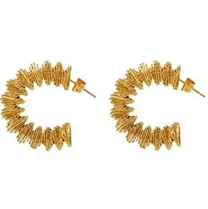 Detail of gold-plated 18K stainless steel C-hoop earrings with textured wire-wrapped finish