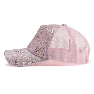 Pink sequined baseball cap with breathable mesh and metallic R logo emblem on side