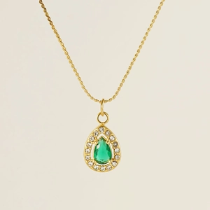 18K gold plated necklace featuring a green teardrop zircon pendant with halo stones