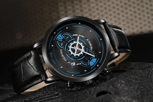 Close-up of YOLAKO men's watch featuring mechanical dial details and black leather strap