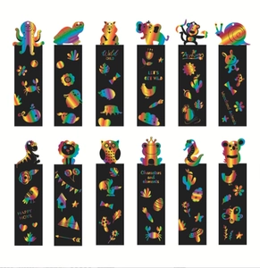 Detail of 12 animal-themed scratch art bookmarks featuring vibrant rainbow colors and wild designs