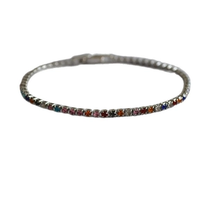 Colorful rainbow tennis bracelet with multi-colored round crystals in a silver finish