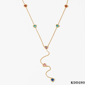 Detailed view of 316 stainless steel Y-shaped necklace with colorful heart stones