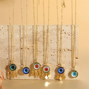 Evil Eye Pendant Necklace Copper Enamel Heart Leaf Charms Gold Tone Bohemian Retro Jewelry For Women