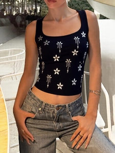 Débardeur Court En Tricot Côtelé Pour Femme Fleur En Strass Col En U Coupe Ajustée Sans Manches Streetwear Y2K