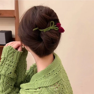 Flocked Tulip Hair Clip Vintage Red Flower Twist Pin For Women Elegant Floral Updo Hair Accessory