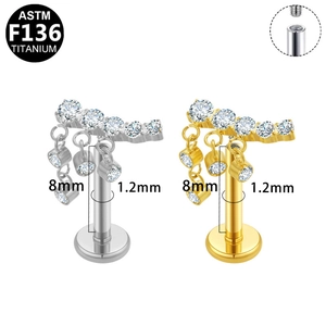 ASTM F136 titanium labret studs with square zircon crystals in silver and gold colors