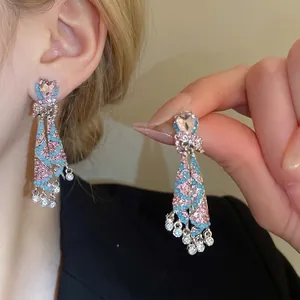 Geometric Tassel Drop Earrings Alloy Rhinestone With 925 Sterling Silver Earring Post Bohemian Vintage Style For Women