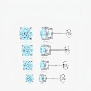 Sparkling Stud Earrings 925 Sterling Silver Round Cut Light Blue Cubic Zirconia Claw Setting Minimalist For Women