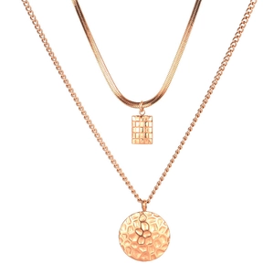 Double-layer rose gold titanium necklace with honeycomb square and round pendants