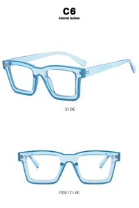 Detailed side and front views of square transparent blue TR90 frame with metal hinges