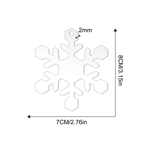 Detailed snowflake acrylic ornament with dimensions 8cm by 7cm and a 2mm hanging hole