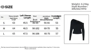 Size chart showing S M L measurements for the off-shoulder long sleeve slim sweatshirt