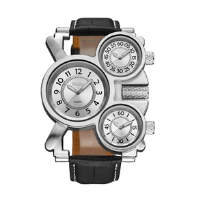 Oulm military style multi-dial quartz watch with silver steel case and black leather strap