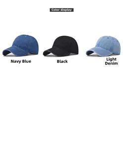 Three washed denim baseball caps in navy blue, black and light blue on white background