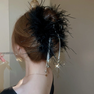 Detailed back view of a black feather shark clip with shimmering rhinestone tassels