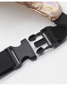 Close-up of holographic laser fabric with durable buckle and black nylon strap detail