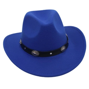 Detail of royal blue wool fedora with black leather band and silver metal buckles