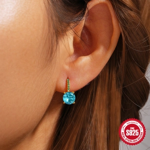 Luxury S925 sterling silver hoop earrings with blue center stone and green pavé diamonds