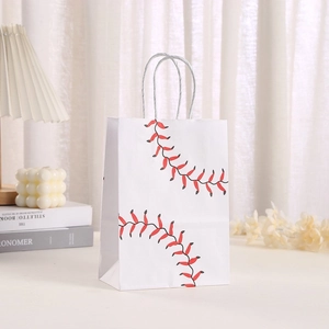 White baseball pattern kraft gift bag with rope handles for festive party shopping packaging