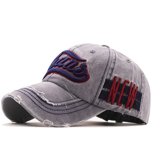 Distressed grey denim baseball cap with 3D embroidery and vintage washed texture
