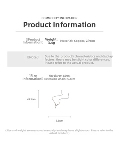 Detailed technical measurement of V-shaped zircon necklace showing weight and dimensions