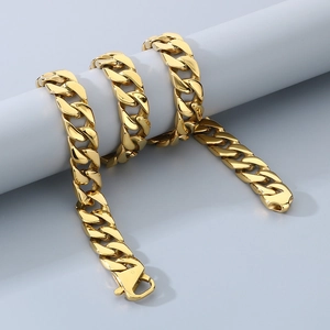 15mm gold Cuban link chain for men with spring clasp on light blue stand