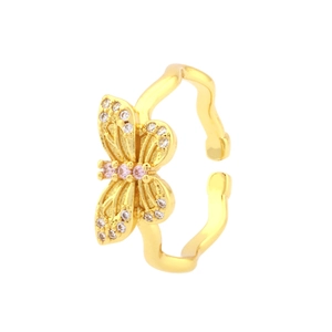 Elegant 18K gold plated butterfly open ring with sparkling white and pink zircon stones