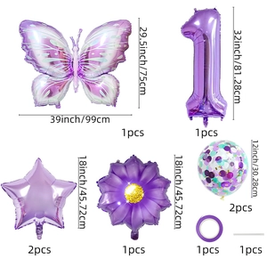 Iridescent purple butterfly balloon set with sunflower and number 1 for birthday decor