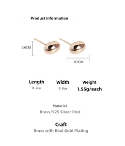 Detailed spec sheet showing oval gold stud earrings made of brass and 925 silver pin