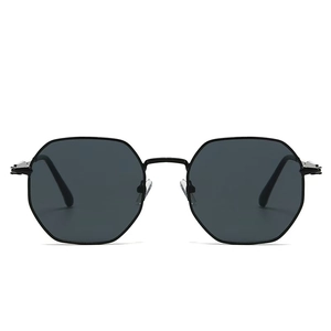 Front view of modern black hexagonal metal frame sunglasses with UV protection lenses