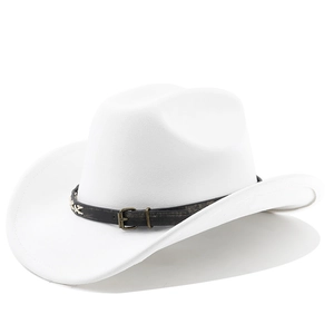 Detail of white western cowboy hat featuring a vintage leather belt with metal buckle