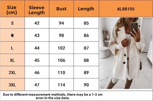 Guide des tailles pour manteau en laine femme avec mesures du buste et des manches