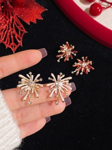 Detailed macro view of festive fireworks earrings featuring red and white rhinestones