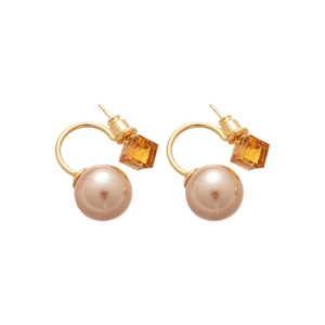18K gold plated drop earrings featuring champagne faux pearls and amber square crystals