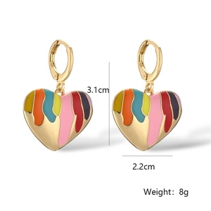 Detailed view of gold plated heart earrings showing 3.1cm height and multi-colored enamel