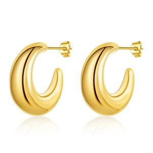 Polished gold plated thick teardrop C-shaped hoop earrings with mirror finish for women