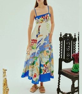 Artistic graffiti print cotton linen maxi dress with blue hem and strap design details