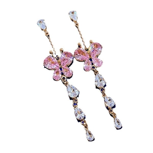 Elegant zircon butterfly tassel drop earrings in pink and silver finish for women