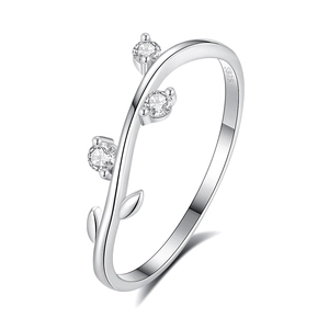 S925 sterling silver leaf ring with cubic zirconia stones on a white background