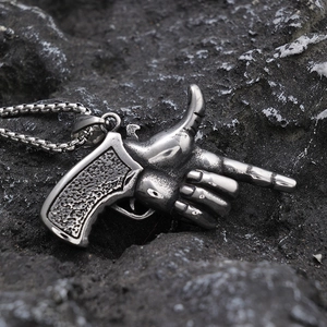 Industrial vintage stainless steel hand gesture gun pendant on a coarse chain